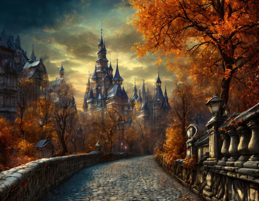 Autumnal scene: cobbled bridge, fairy tale castle, golden trees, twilight sky