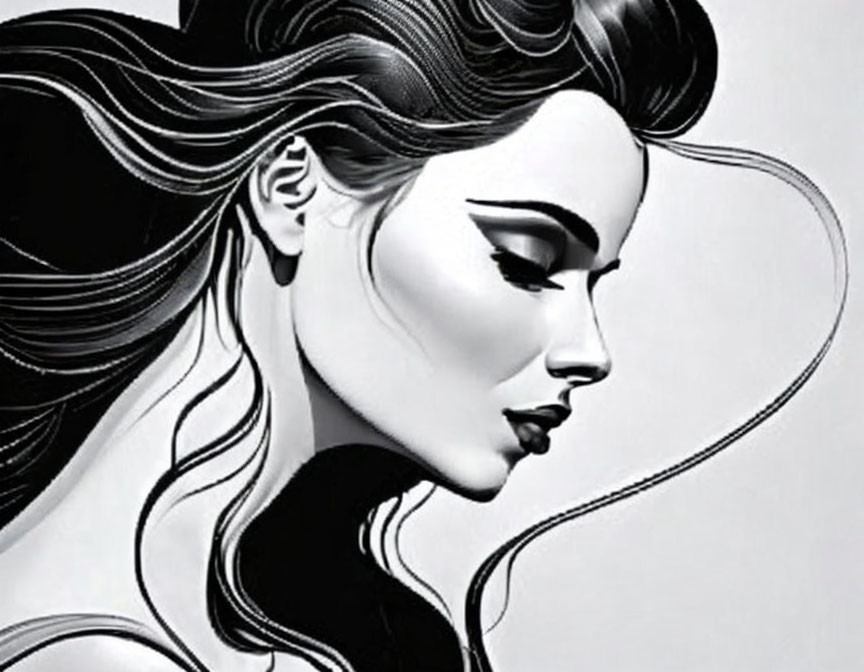 Monochromatic portrait of a woman with flowing hair and bold makeup