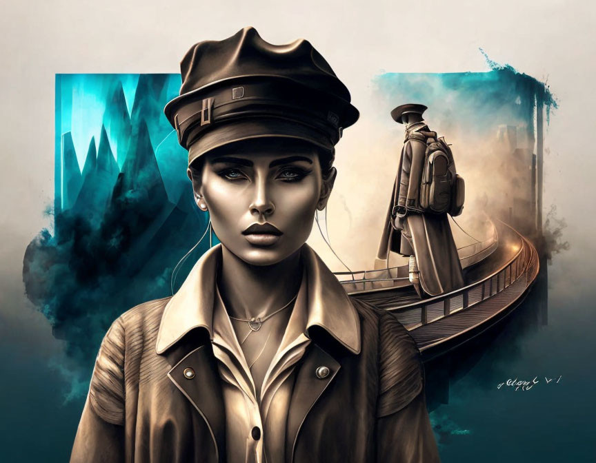 Stylized woman in cap and trench coat with viking ship and icy mountains.