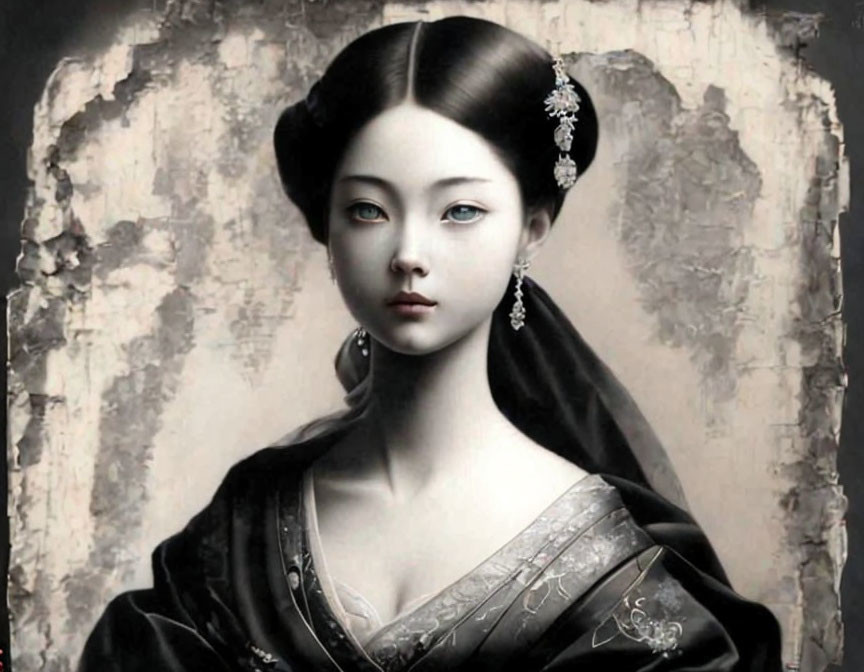 Monochrome portrait of ethereal woman with traditional accessories