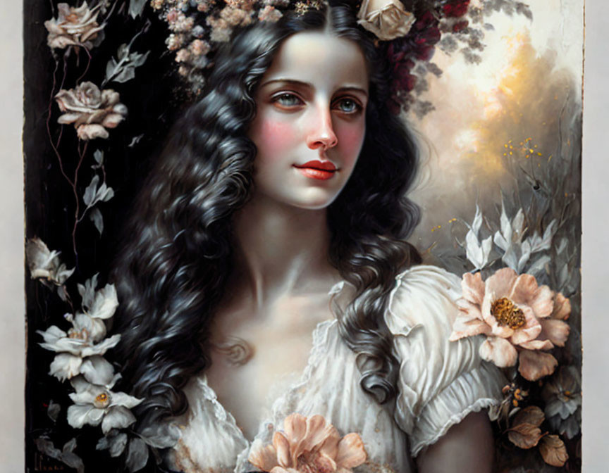 Portrait of woman with dark wavy hair, fair skin, red lips, surrounded by blooming flowers