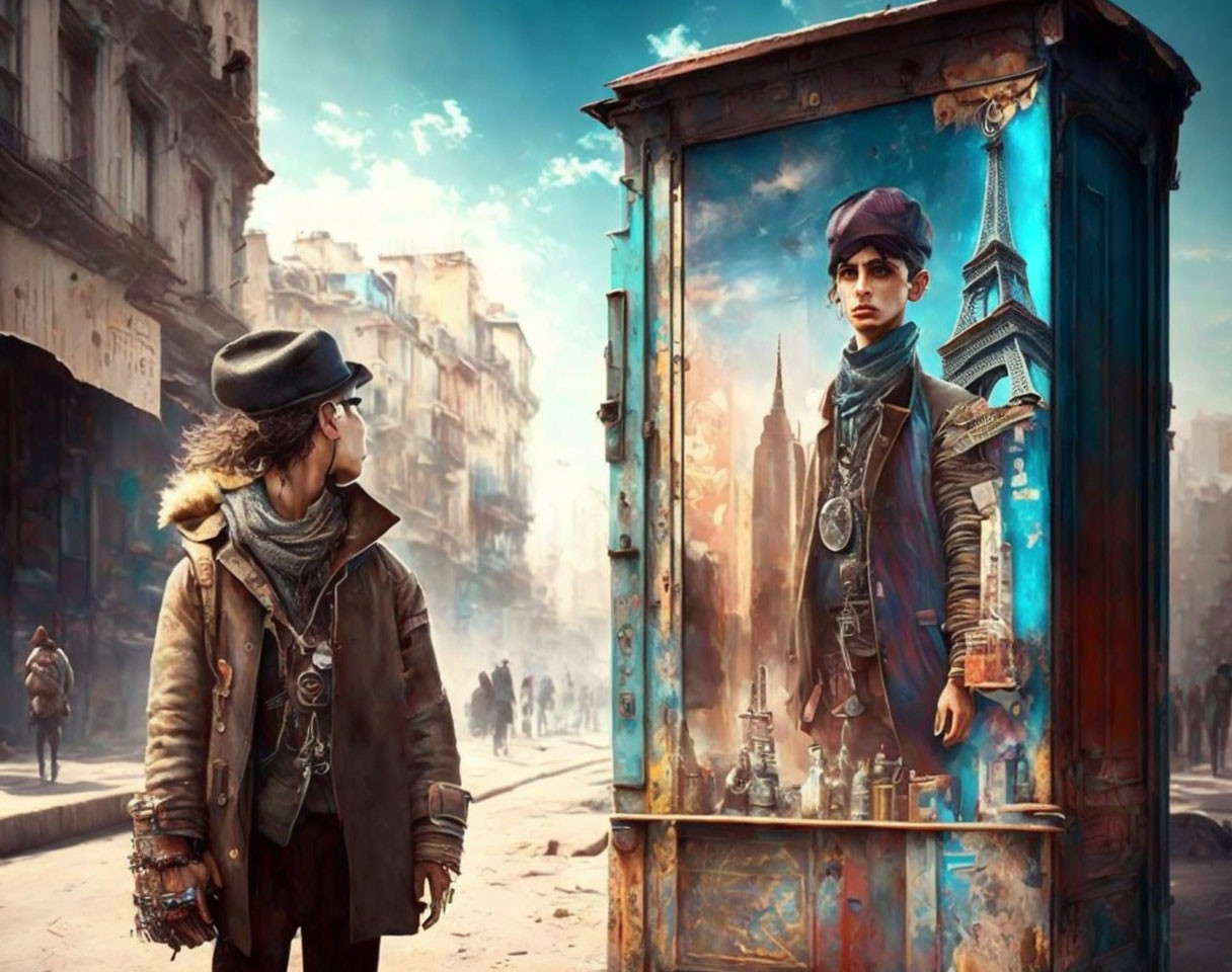 Person in coat and hat views street ad with character in blue scarf in busy city scene.