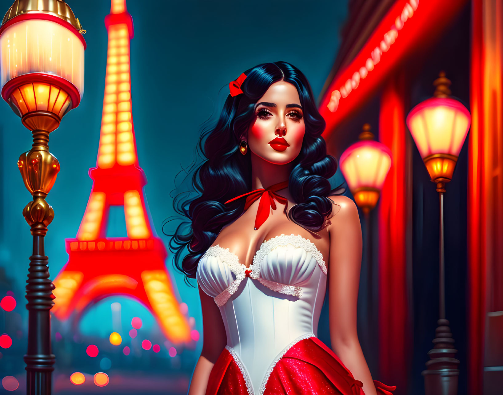 Vintage White and Red Dress Woman Illustration with Eiffel Tower at Night