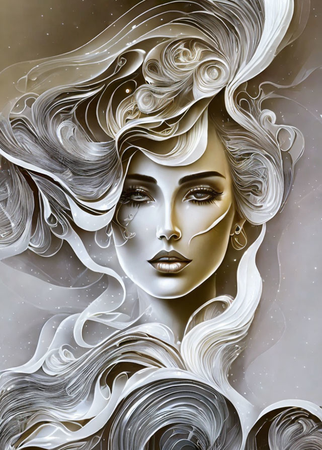 Monochromatic surreal portrait of a woman with cosmic swirls and stars