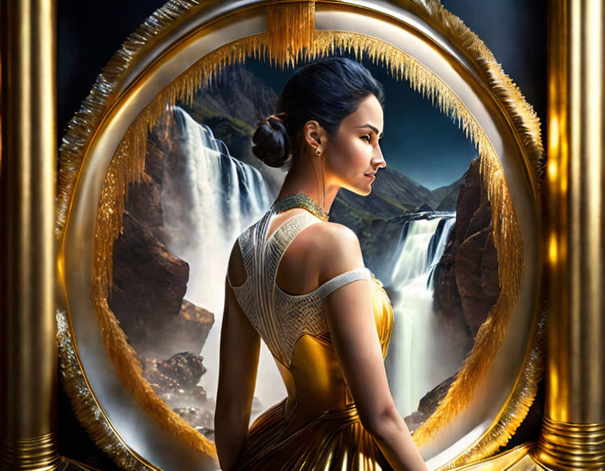 Golden Dress Woman Contemplates Waterfall Through Baroque Frame