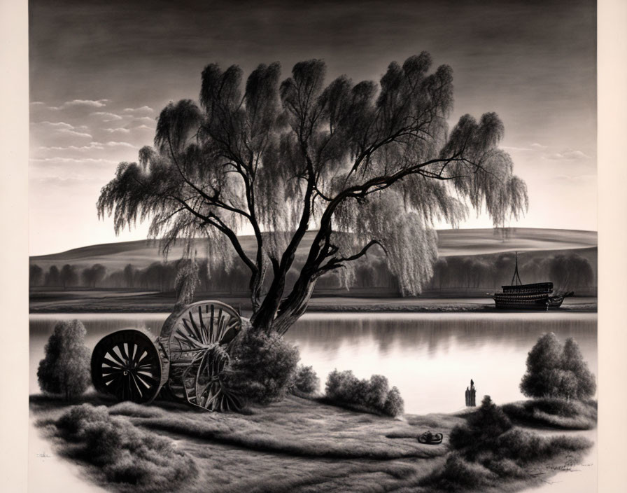 Monochromatic landscape featuring weeping willow tree, vintage wagon wheels, steamboat, and figures