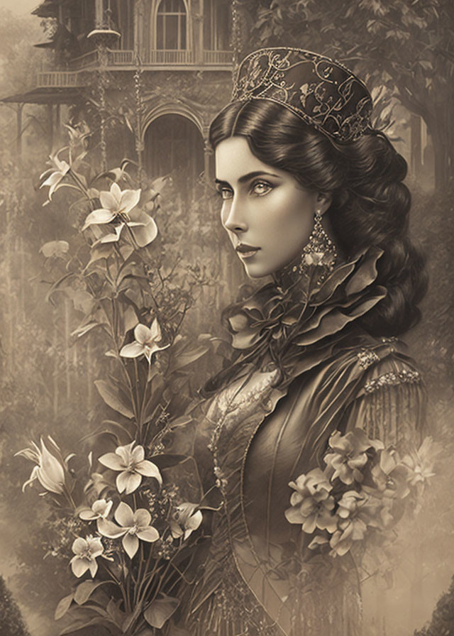 Vintage attire woman portrait with intricate headpiece and flowers