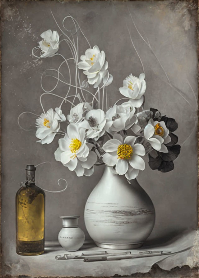 White vase with flowers, glass bottle, and pots on textured backdrop