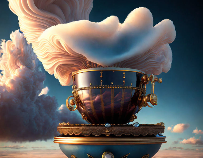 Surreal golden cup with creamy cloud against dramatic sky