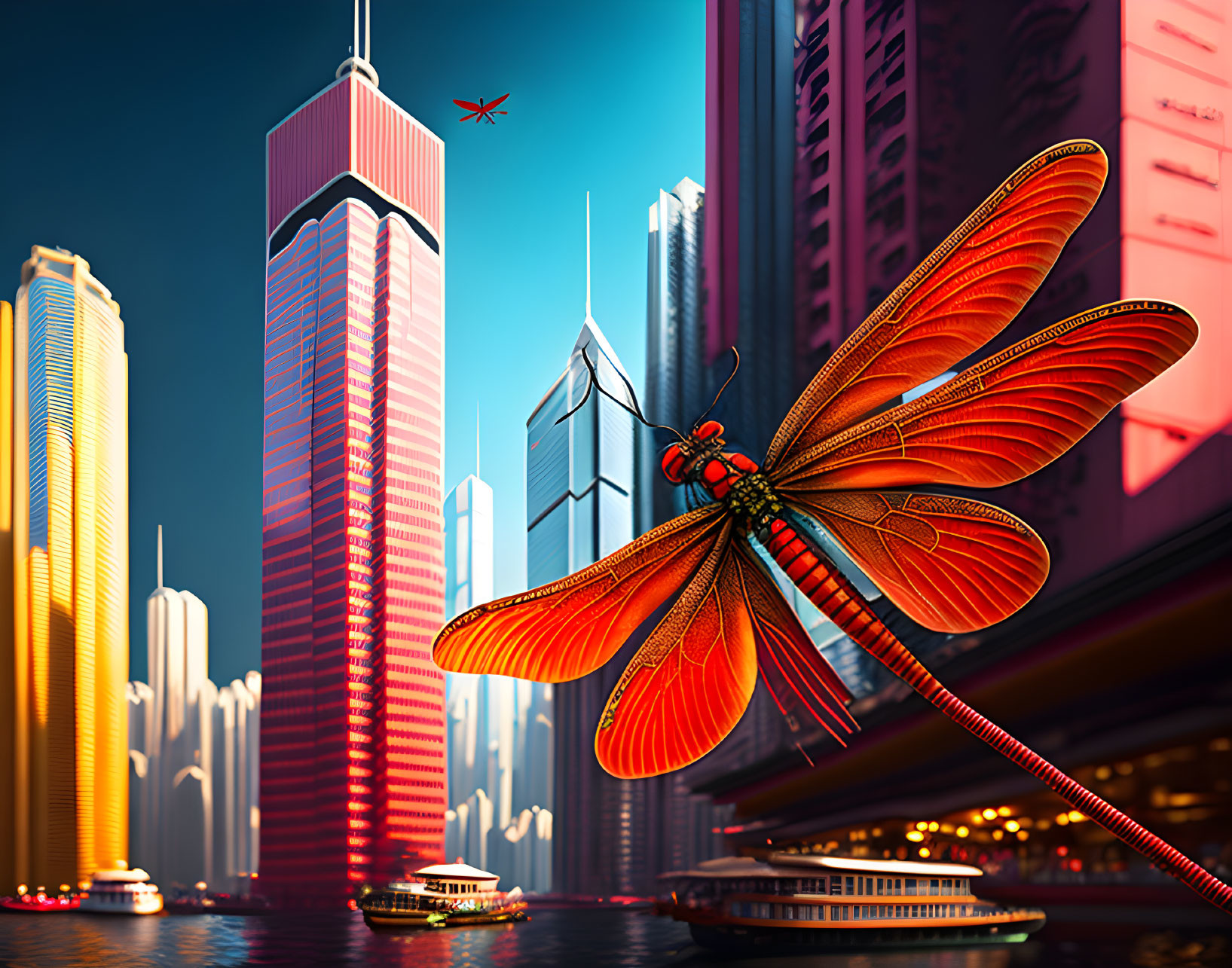 Giant dragonfly over futuristic cityscape with skyscrapers and airplane