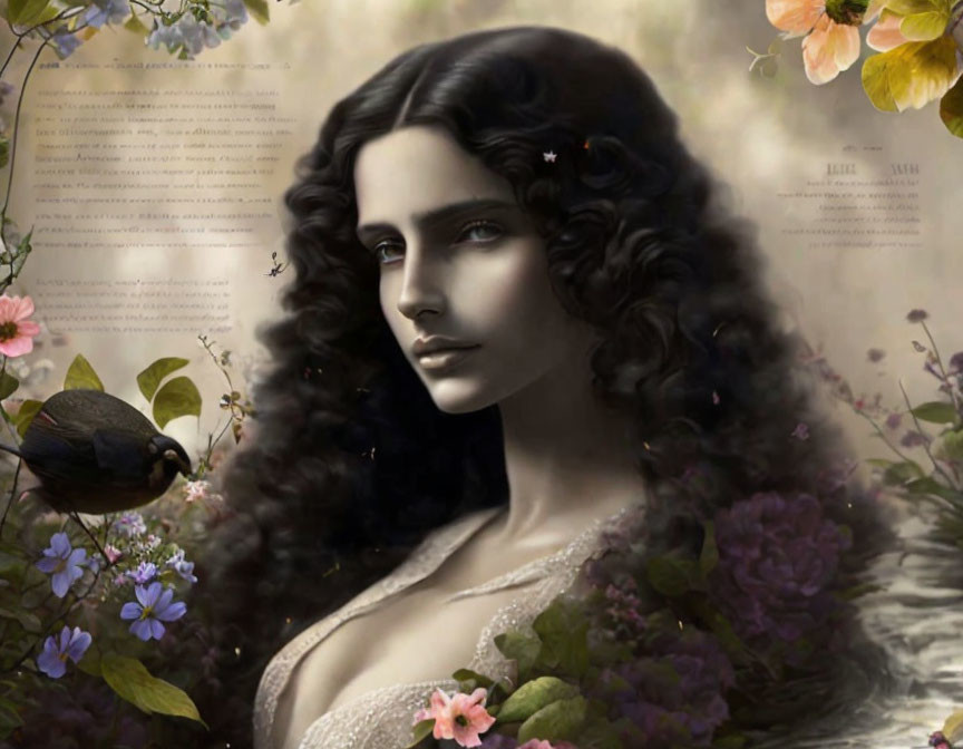 Portrait of a woman with dark, curly hair amidst flowers and a blackbird on antique text background