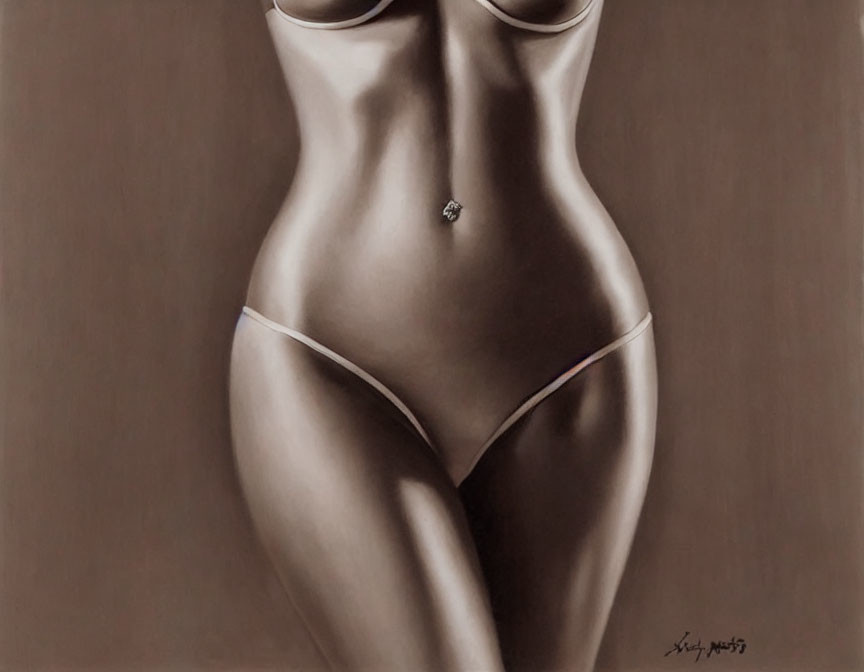 Grayscale drawing of woman's torso in bikini bottom with belly button jewel