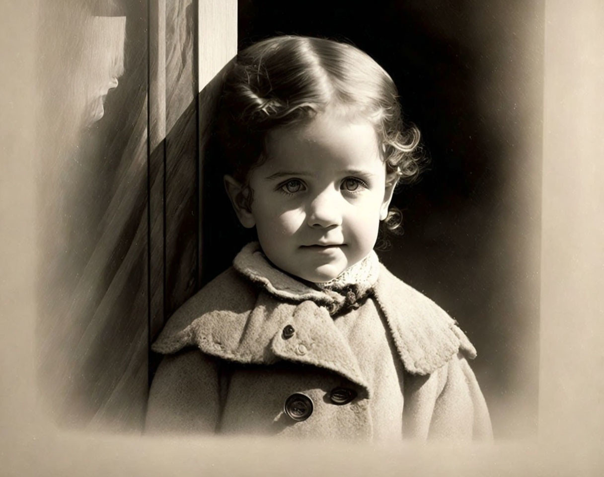 Vintage Black and White Photo of Young Child with Curly Hair in Coat