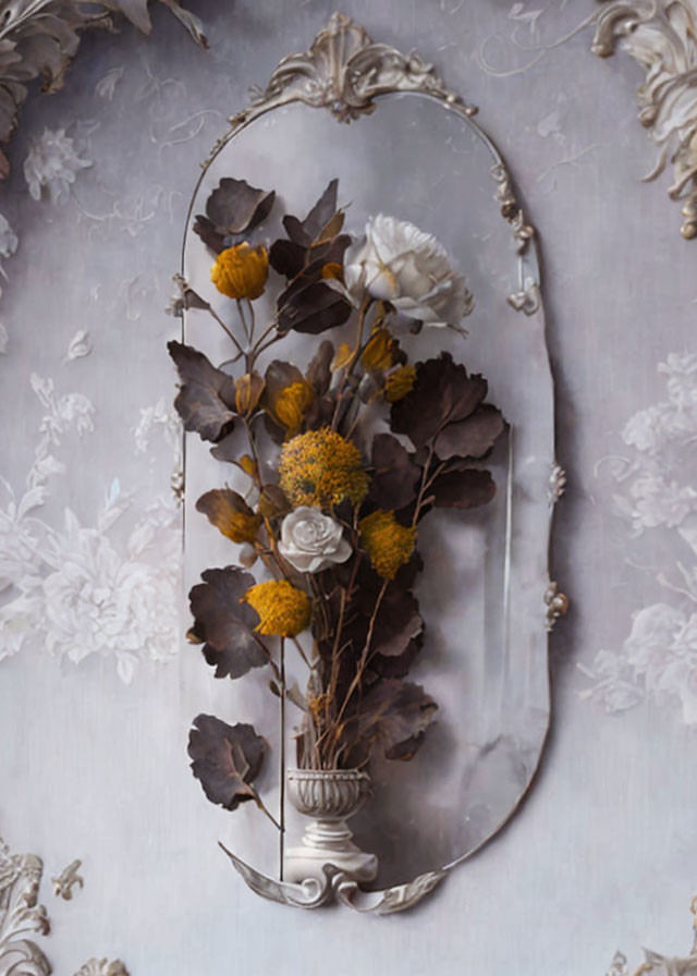 Decorative Oval Mirror with Silver Frame Reflecting Dried Flowers on Gray Wall