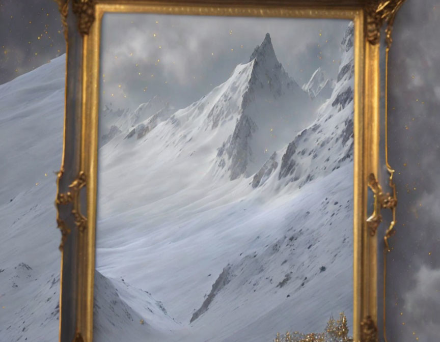 Snowy Mountain Peak Framed in Gold Against Snowy Backdrop