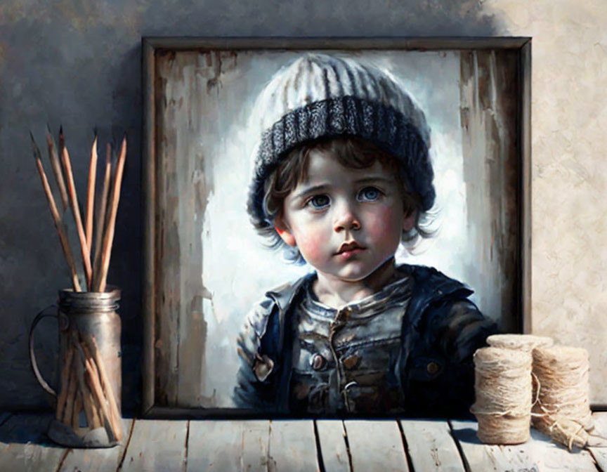 Young child in knit hat and denim jacket peering through square frame on wooden surface