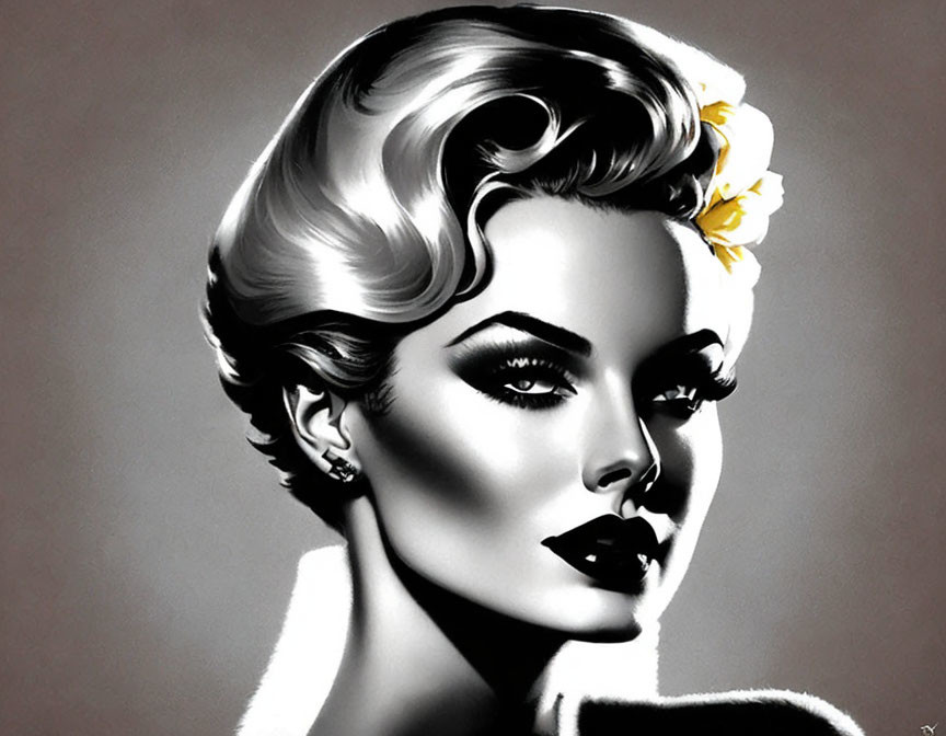 Monochrome portrait of a stylized woman with vintage hairstyle and bold makeup