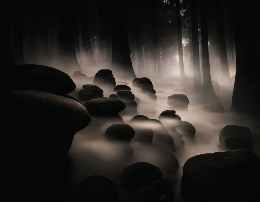 Misty forest with boulders, shadowy trees, and ethereal light