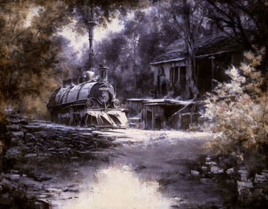 Vintage steam train in sepia-toned forest setting with rustic buildings