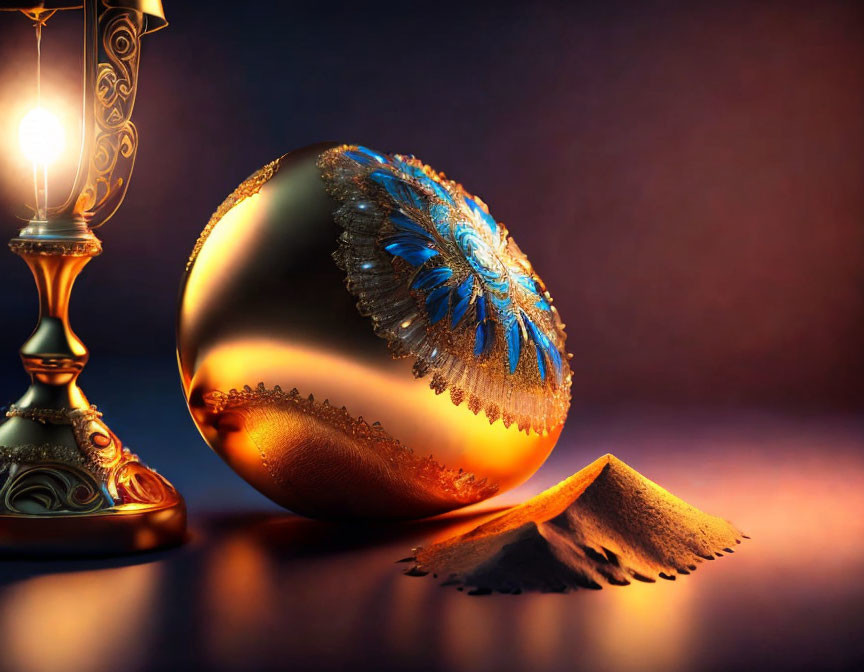 Golden sphere and classic lamp in ornate setting on dark background