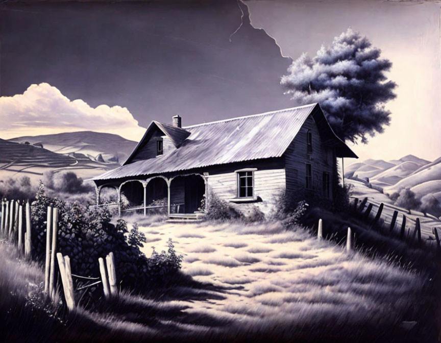 Monochrome painting of isolated wooden house with porch and picket fence against stormy sky