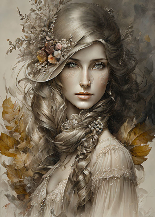 Sepia-Toned Illustration of Woman with Long Wavy Hair and Flower Hat