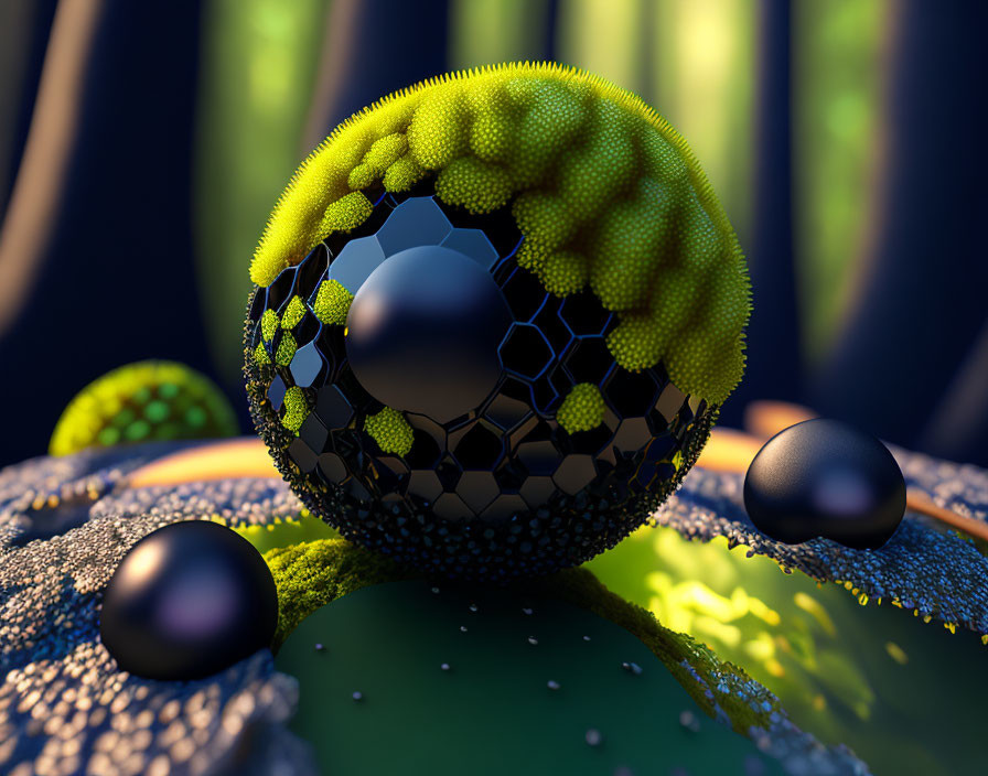 Glossy black sphere with hexagonal pattern and moss-like structures on textured surface