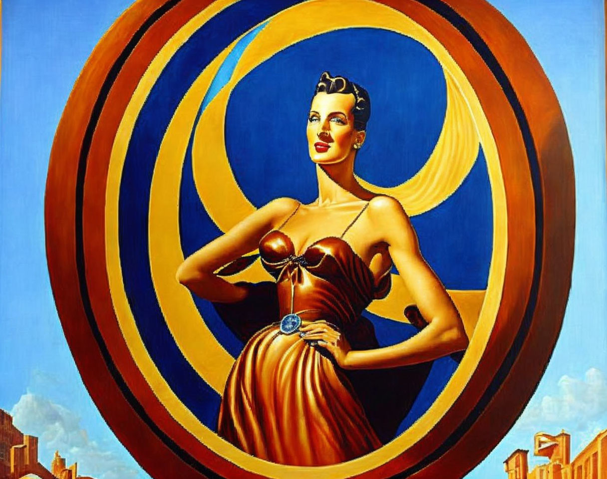 Stylized painting of woman in vintage brown dress with city skyline on concentric circle backdrop