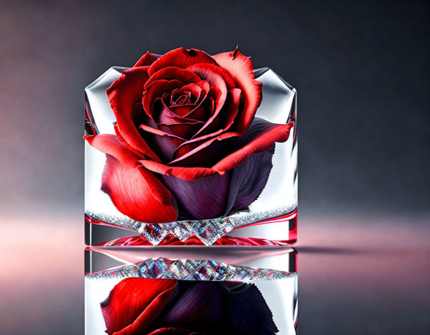 Red Rose in Transparent Cubical Container with Diamond-like Pattern on Gradient Background