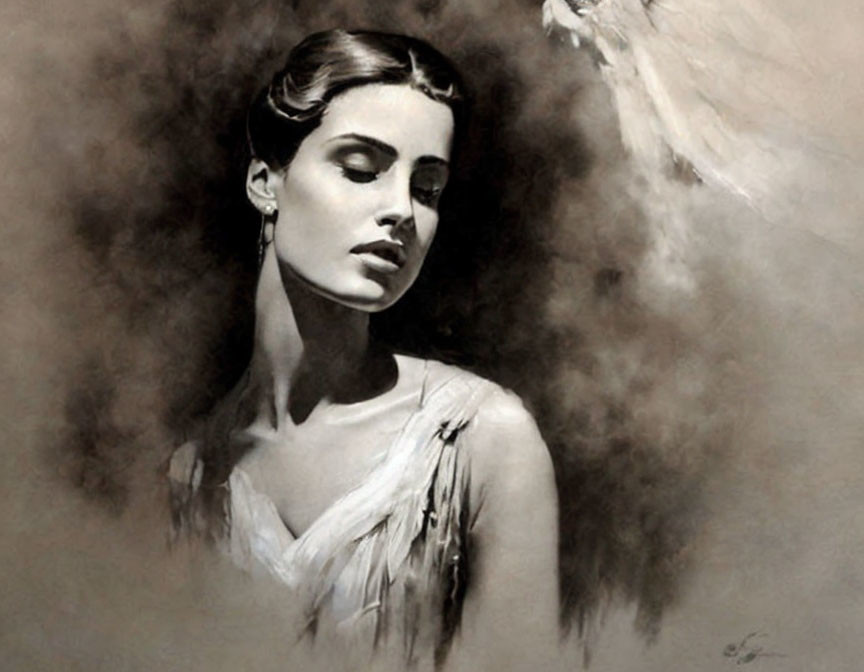 Elegant monochromatic artwork of a woman draped in fabric with swirling mist.