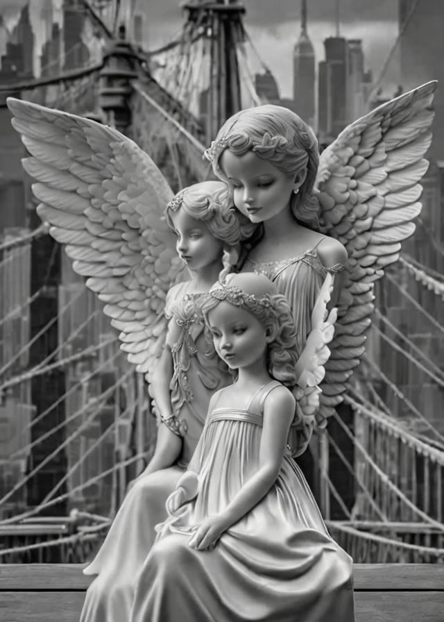 Monochrome image: Three angel statues with intricate wings and serene expressions