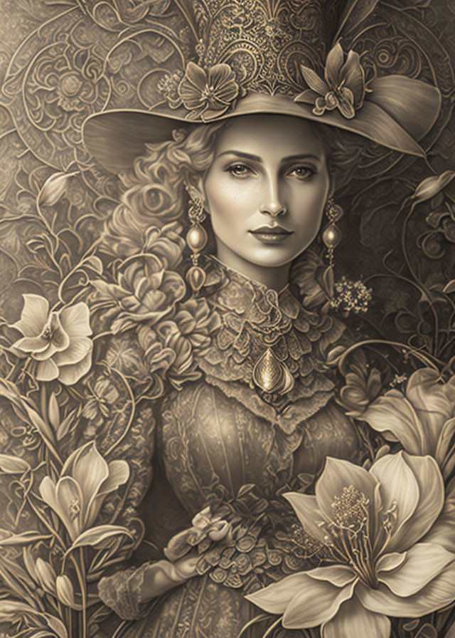 Sepia-Toned Vintage Woman Illustration with Ornate Hat and Floral Details