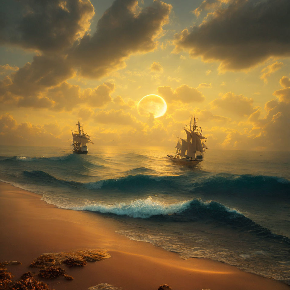 Tall ships sailing near beach at sunset with vivid sun and golden light