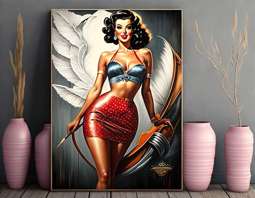 Vintage pin-up painting of smiling woman with angel wings, blue top, red skirt, holding a bow