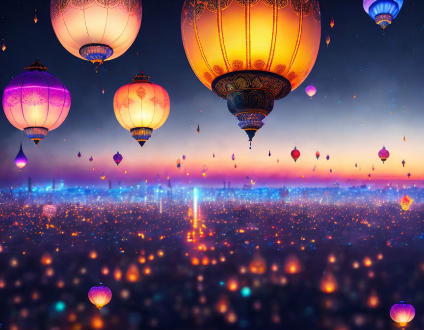 Vibrant hot air balloons over glittering city at dusk