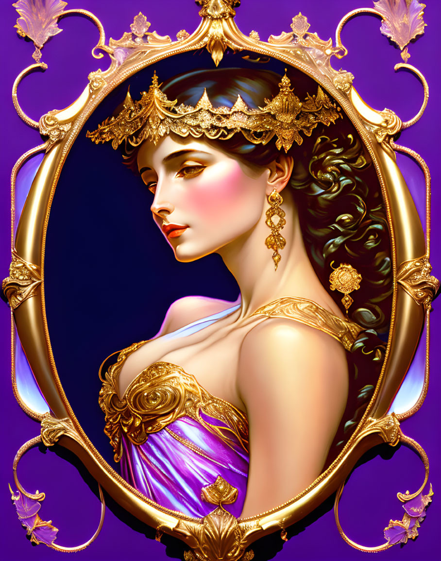 Illustrated portrait of elegant woman in gold jewelry and purple dress framed in ornate oval border on purple