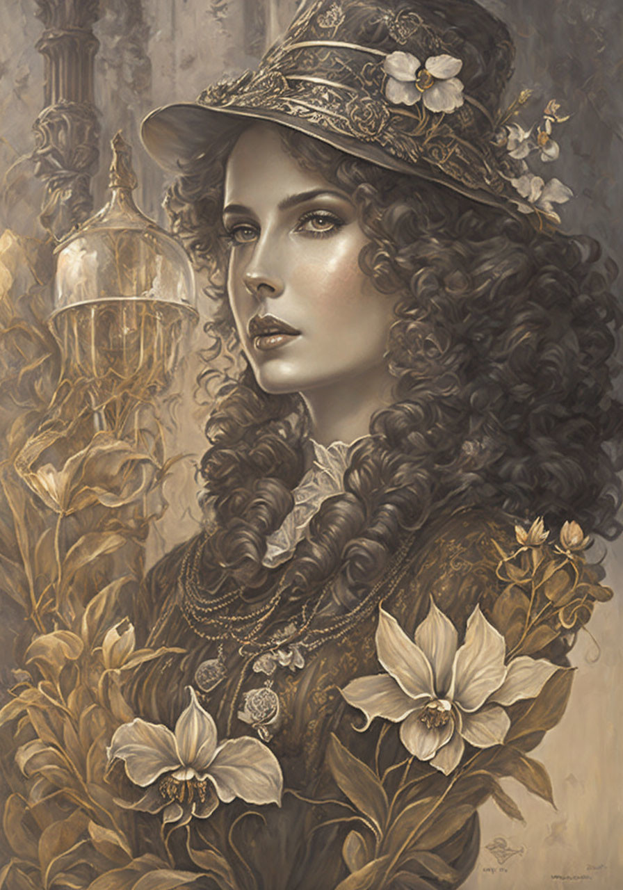 Sepia Portrait of Woman with Curly Hair and Floral Hat