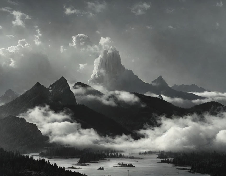 Monochrome mountain range with misty clouds over calm lake