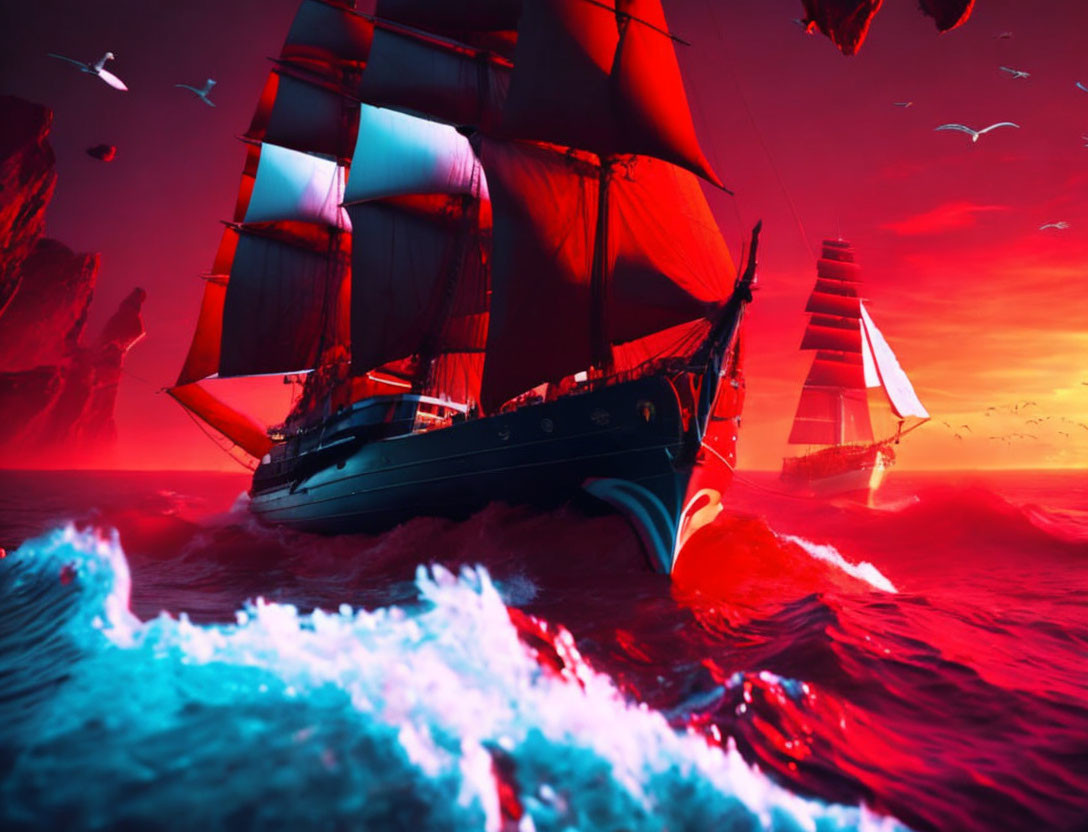 Red-sailed sailing ship on crimson sea with birds and rock formations