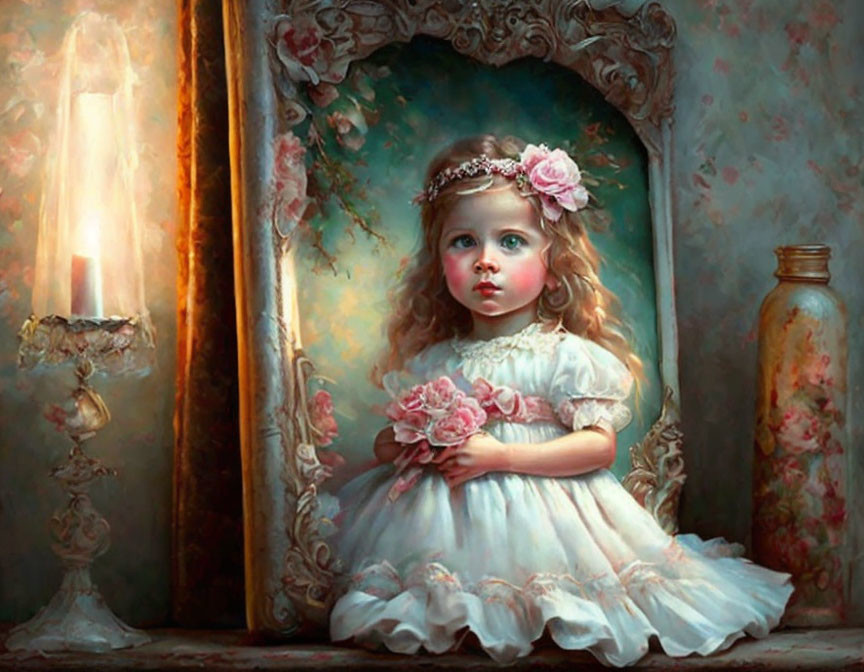 Young girl in white dress with floral headband holding bouquet in ornate vintage room