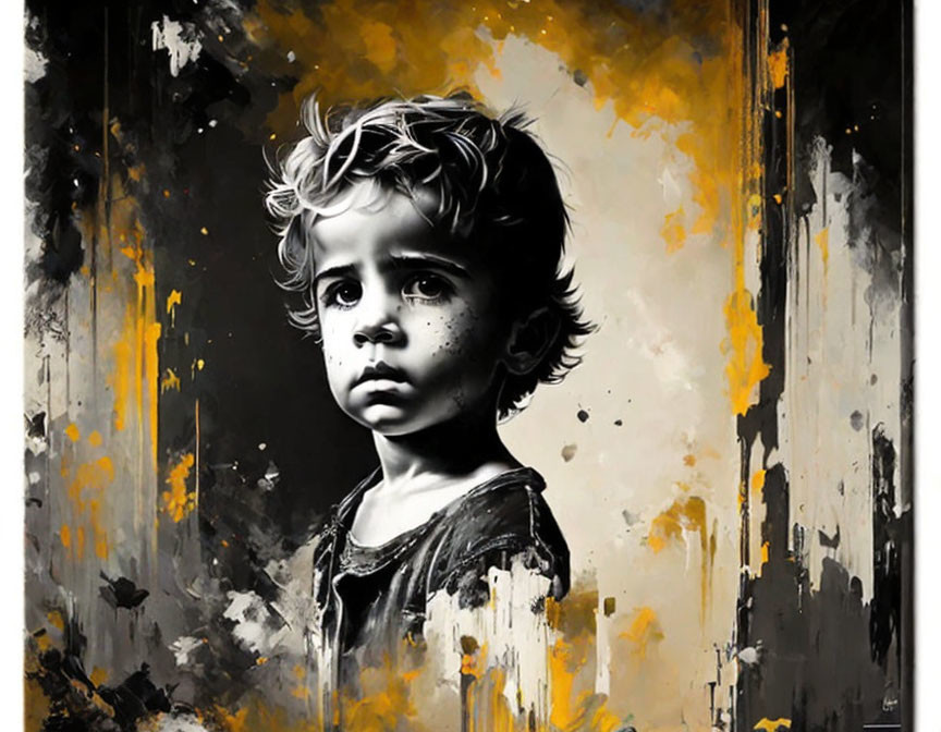 Monochrome portrait of young child with expressive eyes and abstract yellow-black splashes.