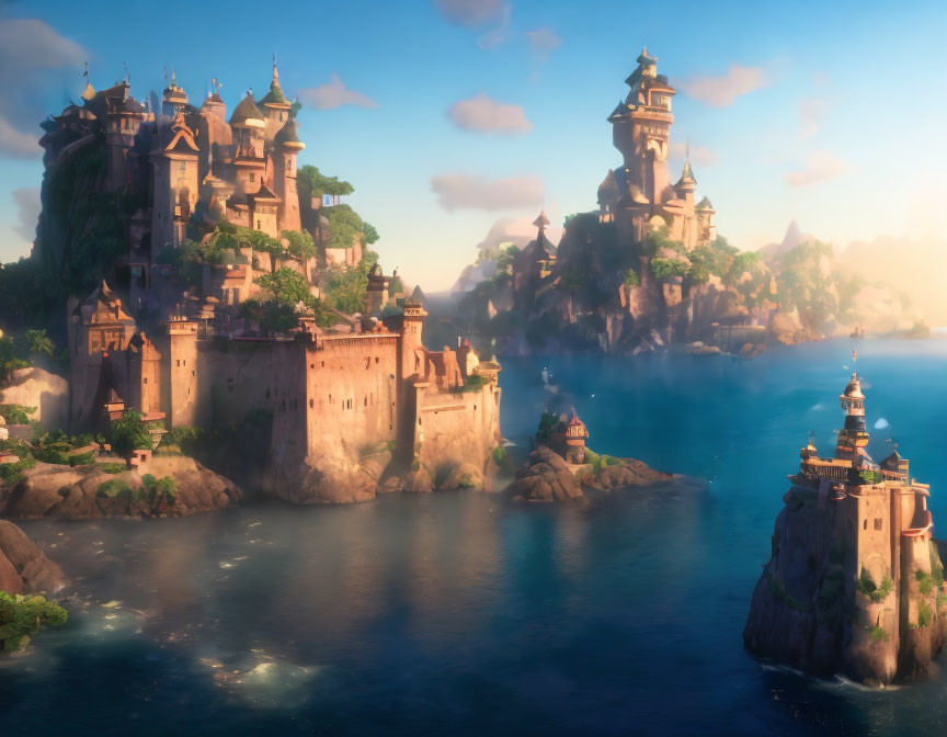 Majestic castles on rugged cliffs overlooking serene blue lake