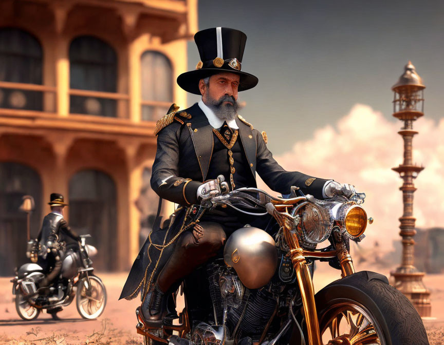 Victorian man on steampunk motorcycle in desert landscape