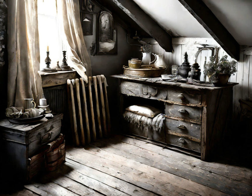 Rustic kitchen with wooden dresser, vintage utensils, draped window, old radiator, and sl