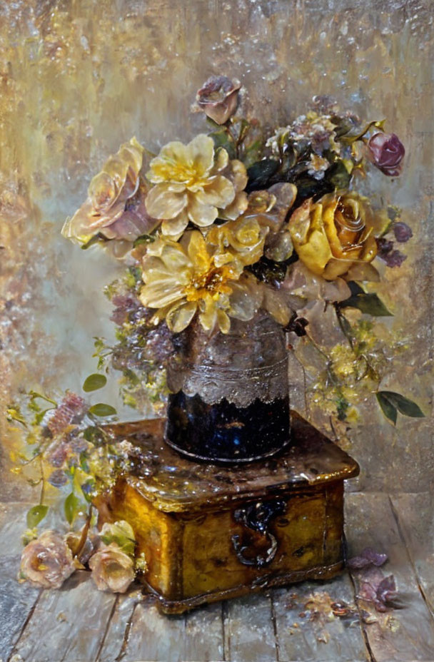 Golden and pink roses bouquet on vintage vase with scattered petals on textured background