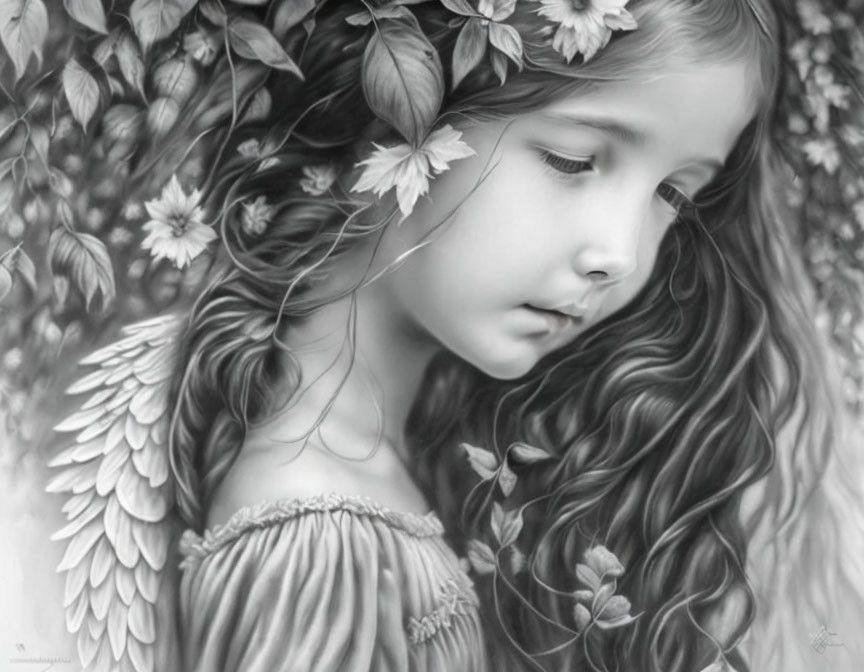 Monochrome Artwork: Pensive Young Girl with Angel Wings and Floral Vines