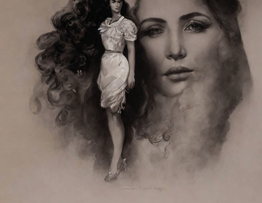 Monochrome artistic illustration of woman with voluminous hair transitioning into smoke in chic dress and heels