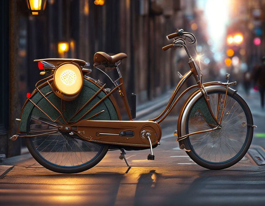 Vintage Bicycle with Wicker Basket on City Street at Dusk