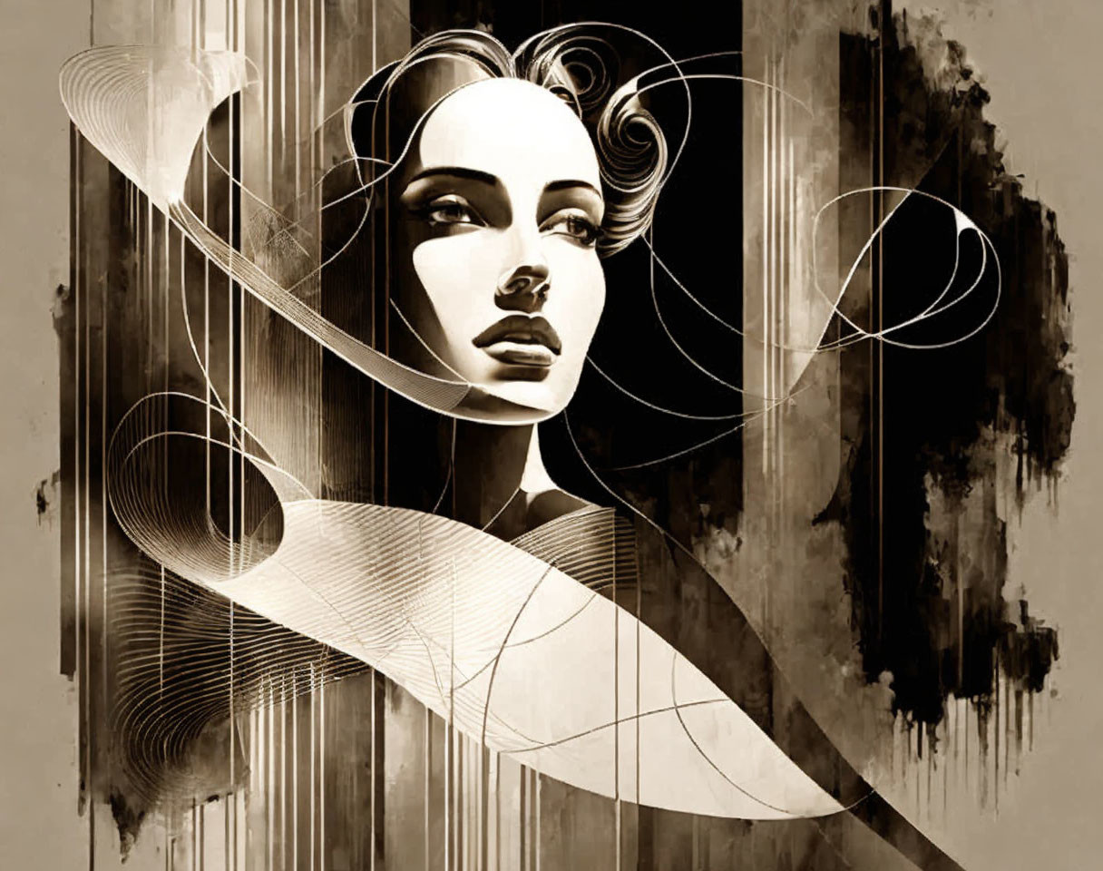 Monochrome illustration of stylized woman's face with abstract lines and textures