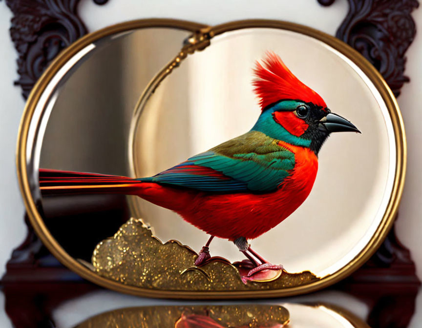 Colorful Cardinal Bird Reflected in Circular Mirror